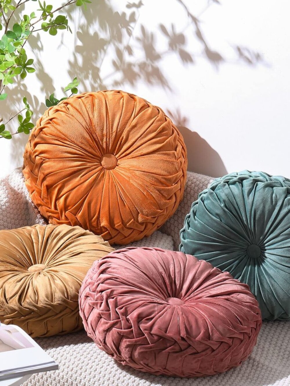 4 Pcs Round Throw Pillows Velvet Pleated Pillows, Vintage Colors